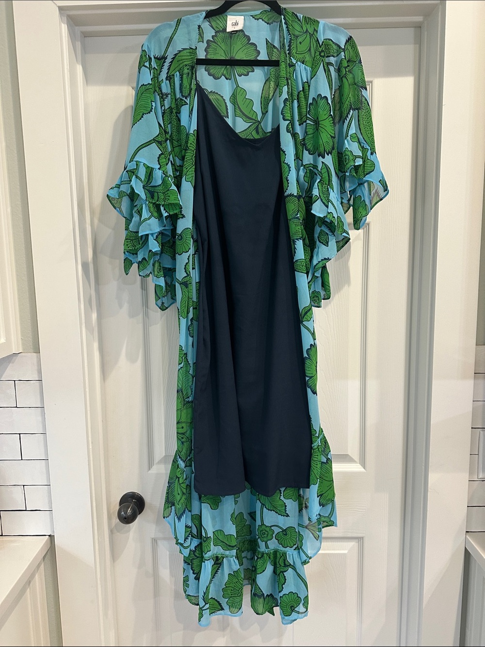 CAbi Green & Aqua Botanical Silk-Feel wrap Dress! - Picture 6 of 6